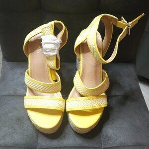 Bella Marie Yellow Espadrille Wedge Sandals | Strappy Braided Detail | Size 8
